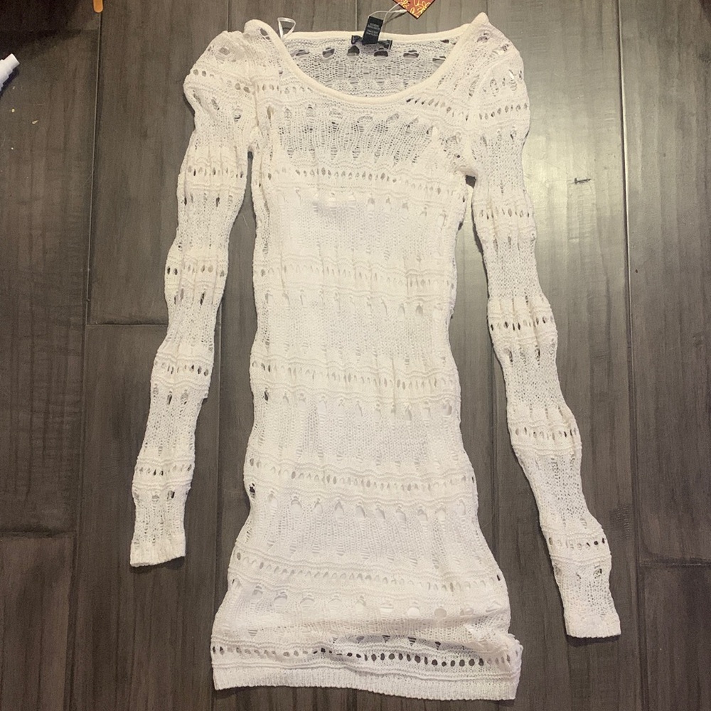 White Crochet Knit Long Sleeve Beach Dress